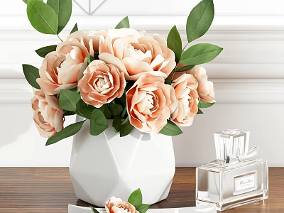 White Geometric Vase With Light Pink Flowers Green Leaves And Transparent Perfume Bottle On Table 3d model