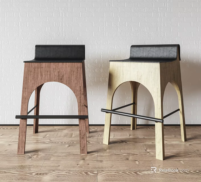 Two Tone Wooden Leisure Chairs With Arched Legs And Leather Backrests On Wooden Floor 3d model 