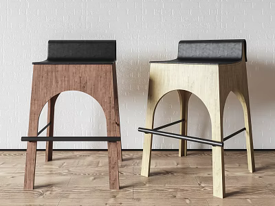 Two Tone Wooden Leisure Chairs With Arched Legs And Leather Backrests On Wooden Floor 3d model
