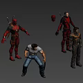 Game Movie Characters In Action Poses With Red Gray Costumes And Weapons