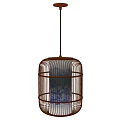 Birdcage Shaped Chandelier with Brown Metal Frame and Blue Patterned Glass Shade for Home Decoration