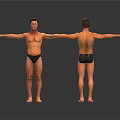 Muscular Man Front And Back View With Arms Stretched In Black Underwear On Dark Background