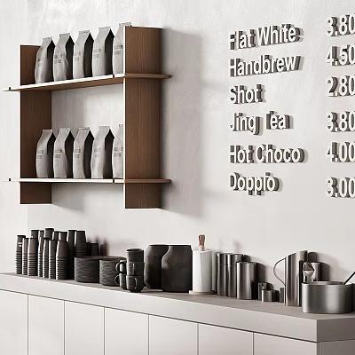 Modern Tableware Set With Shelf Containers Counter Utensils And Drink Menu Price Tags 3d model