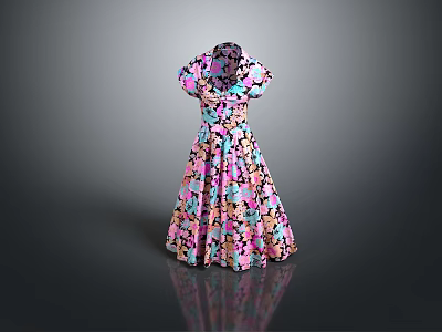 Man In Colorful Square Pattern Short Sleeve Long Dress On Gray Background With Reflection 3d model