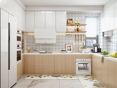 Modern Kitchen Interior With White Cabinets Wooden Countertop And Open Shelves 3d model