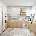 Modern Kitchen Interior With White Cabinets Wooden Countertop And Open Shelves