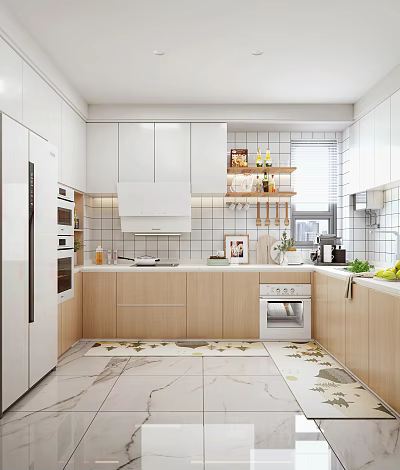 Modern Kitchen Interior With White Cabinets Wooden Countertop And Open Shelves 3d model
