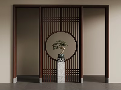 Traditional Chinese Wooden Screen with Circular Cutout Potted Pine on Stone Pedestal 3d model