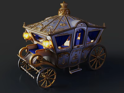 Royal Carriage With Ornate Gold Accents Blue Curtains And Illuminated Lanterns 3d model