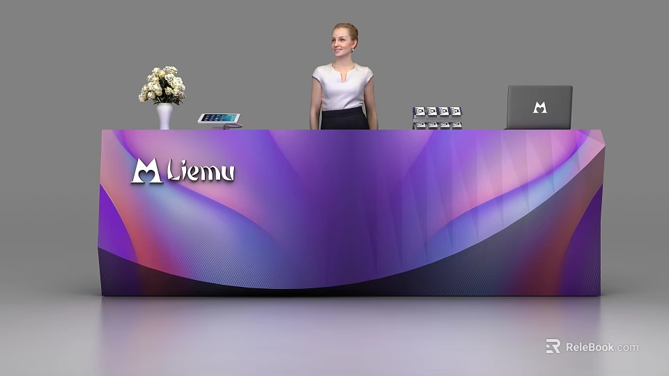 Liemu Modern Purple Gradient Reception Desk With Flower Arrangement Tablet And Computer 3d model 