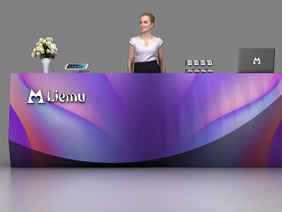 Liemu Modern Purple Gradient Reception Desk With Flower Arrangement Tablet And Computer 3d model