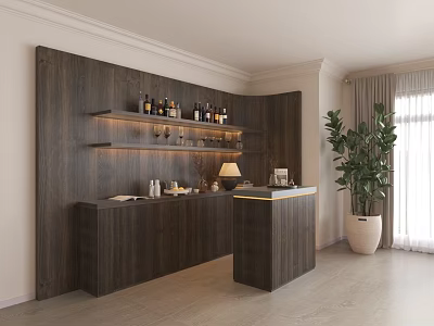 Modern Wooden Sideboard With Wine Rack Table Lamp And Green Plant In Open Space 3d model