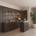 Modern Wooden Sideboard With Wine Rack Table Lamp And Green Plant In Open Space