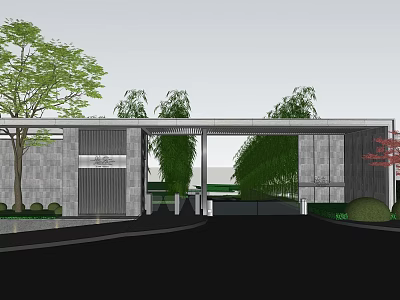 Modern Entrance Gate Design With Gray Stone Walls And Surrounding Greenery Trees 3d model