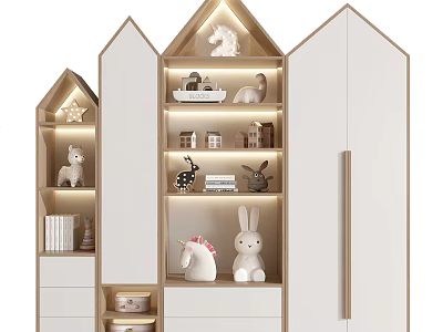 Kids House Shaped Bookcase With LED Lights Toys Books And Drawers Design 3d model