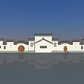 Chinese Style Scenic Wall With White Walls Black Tiled Roofs Round Doors And Carved Windows