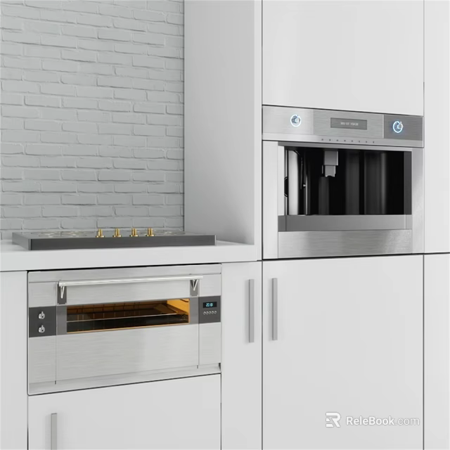 Modern Kitchen With Built In Stainless Steel Oven And Coffee Machine In White Cabinets 3d model 