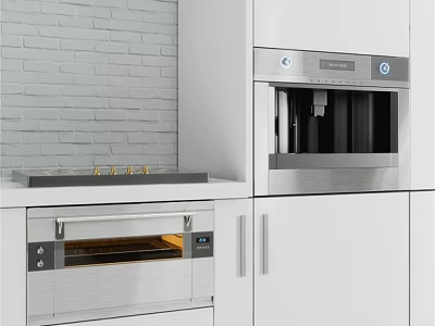 Modern Kitchen With Built In Stainless Steel Oven And Coffee Machine In White Cabinets 3d model