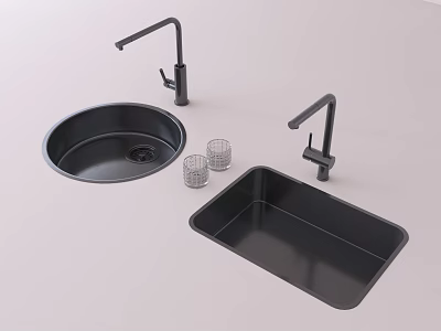 Black Kitchen Sinks Round And Rectangular With Faucets And Drainer Baskets 3d model