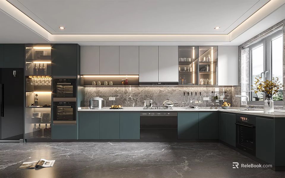 Modern Kitchen Interior With Dark Green White Cabinets Marble Countertop And Appliances 3d model 