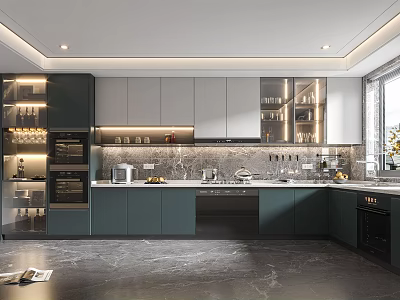 Modern Kitchen Interior With Dark Green White Cabinets Marble Countertop And Appliances 3d model