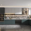 Modern Kitchen Interior With Dark Green White Cabinets Marble Countertop And Appliances