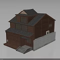 Traditional Japanese Two Story House With Red Wooden Exterior And Dark Tile Roof