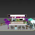 Modern Milk Tea Shop With Logo Counter Outdoor Seating Palm Trees And Patterned Tile Floor