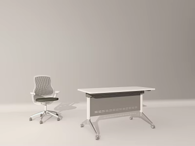 Modern Office Desk with White Top Metal Frame Wheels and Matching Chair 3d model