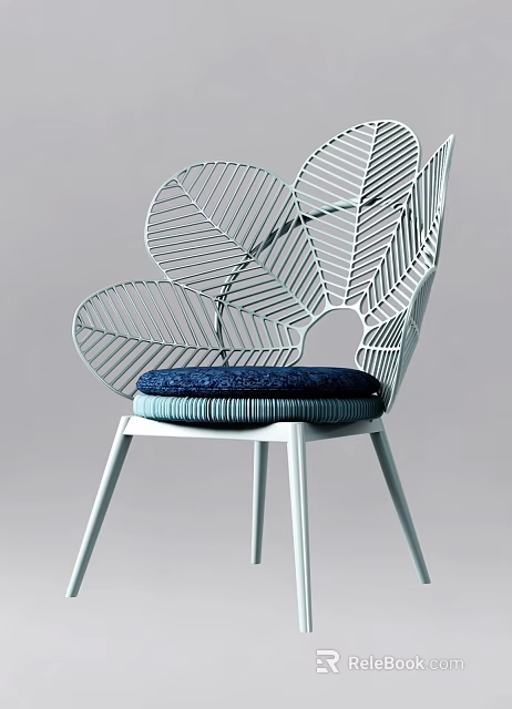 Stylish Modern Single Chair With Leaf Shaped Backrest Blue Cushion And Metal Frame 3d model 