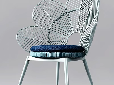 Stylish Modern Single Chair With Leaf Shaped Backrest Blue Cushion And Metal Frame 3d model
