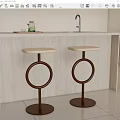 Modern Bar Stools With Beige Seats And Brown Circular Frames By Light Colored Kitchen Counter 3d model