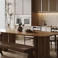Modern Restaurant Interior With Wooden Dining Table Chairs Bench Cabinets Window Blinds Plant And Appliances