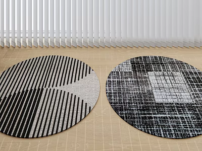 Round Rugs With Black And White Geometric Stripes And Textured Patterns On Light Wooden Floor 3d model
