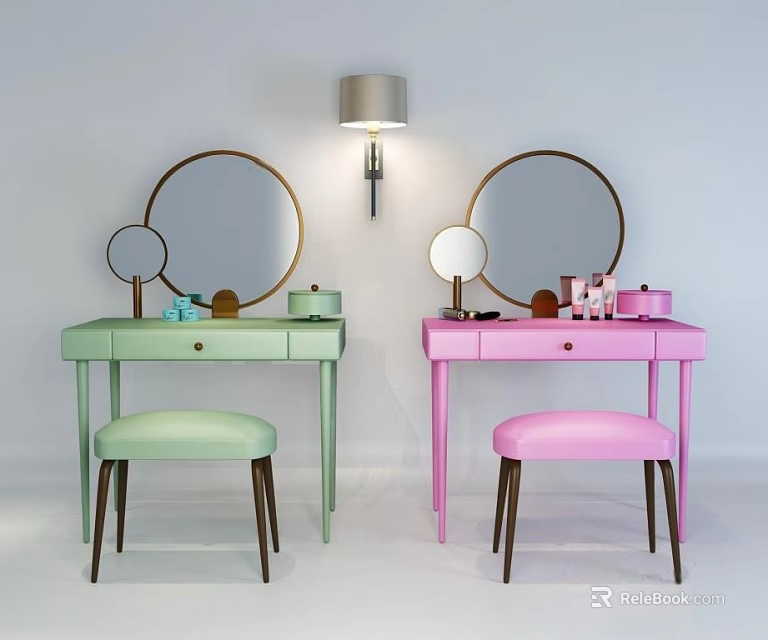 Green And Pink Dressing Tables With Round Mirrors Matching Stools Beauty Products And Wall Lamp 3d model 