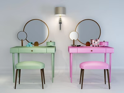 Green And Pink Dressing Tables With Round Mirrors Matching Stools Beauty Products And Wall Lamp 3d model