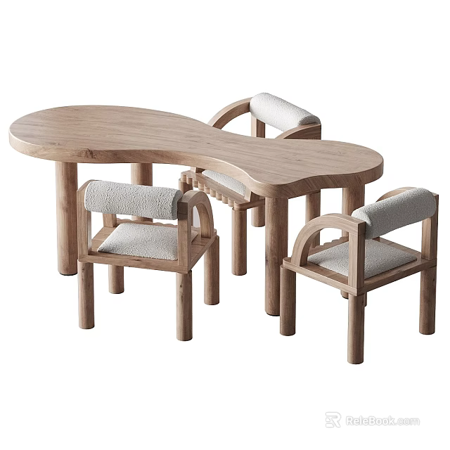 Natural Wooden Oval Dining Table Set With Three Linen Padded Chairs 3d model