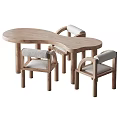 Natural Wooden Oval Dining Table Set With Three Linen Padded Chairs 3d model