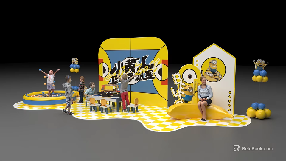 Minions Themed Study Tour Box Interactive Area With Yellow Blue Decor And Figures 3d model 