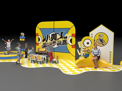 Minions Themed Study Tour Box Interactive Area With Yellow Blue Decor And Figures 3d model