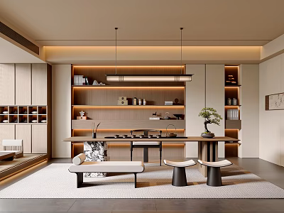 Elegant Tea Room Interior Design With Wooden Shelves Hanging Lights And Decorative Plant 3d model