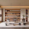 Elegant Tea Room Interior Design With Wooden Shelves Hanging Lights And Decorative Plant