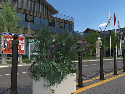 Roadside Facilities Including Bollards Chain Barriers Planters And Information Signs Near Buildings 3d model