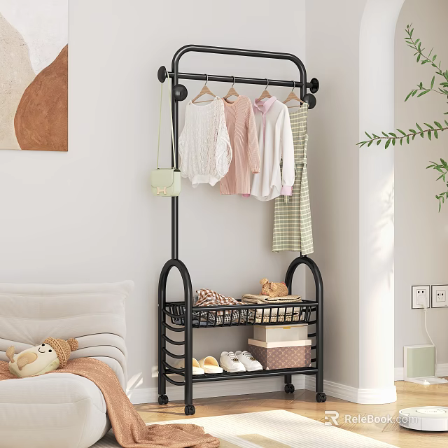 Stylish Clothes Rack In Bedroom With Hanging Clothes Storage Shelf Shoes And Boxes 3d model 