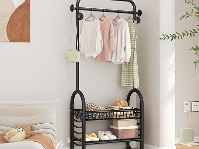 Stylish Clothes Rack In Bedroom With Hanging Clothes Storage Shelf Shoes And Boxes 3d model