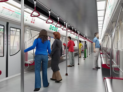 Subway Car Interior With Passengers Standing and Walking Handrails and Seats 3d model