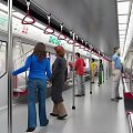 Subway Car Interior With Passengers Standing and Walking Handrails and Seats