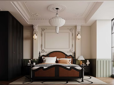 Elegant Bedroom Interior Design With Brown Headboard Bed Decorative Wall Ornate Ceiling Chandelier Wall Lamps 3d model