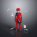 Child in Red Outfit Standing with Multiple Flying Cards on Gray Background