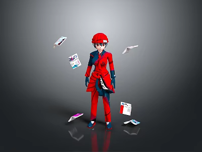 Child in Red Outfit Standing with Multiple Flying Cards on Gray Background 3d model